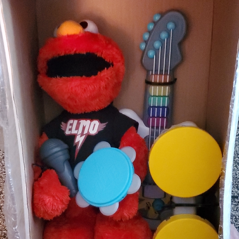 Hasbro Red Elmo Plush with Blue Guitar and Yellow Drums